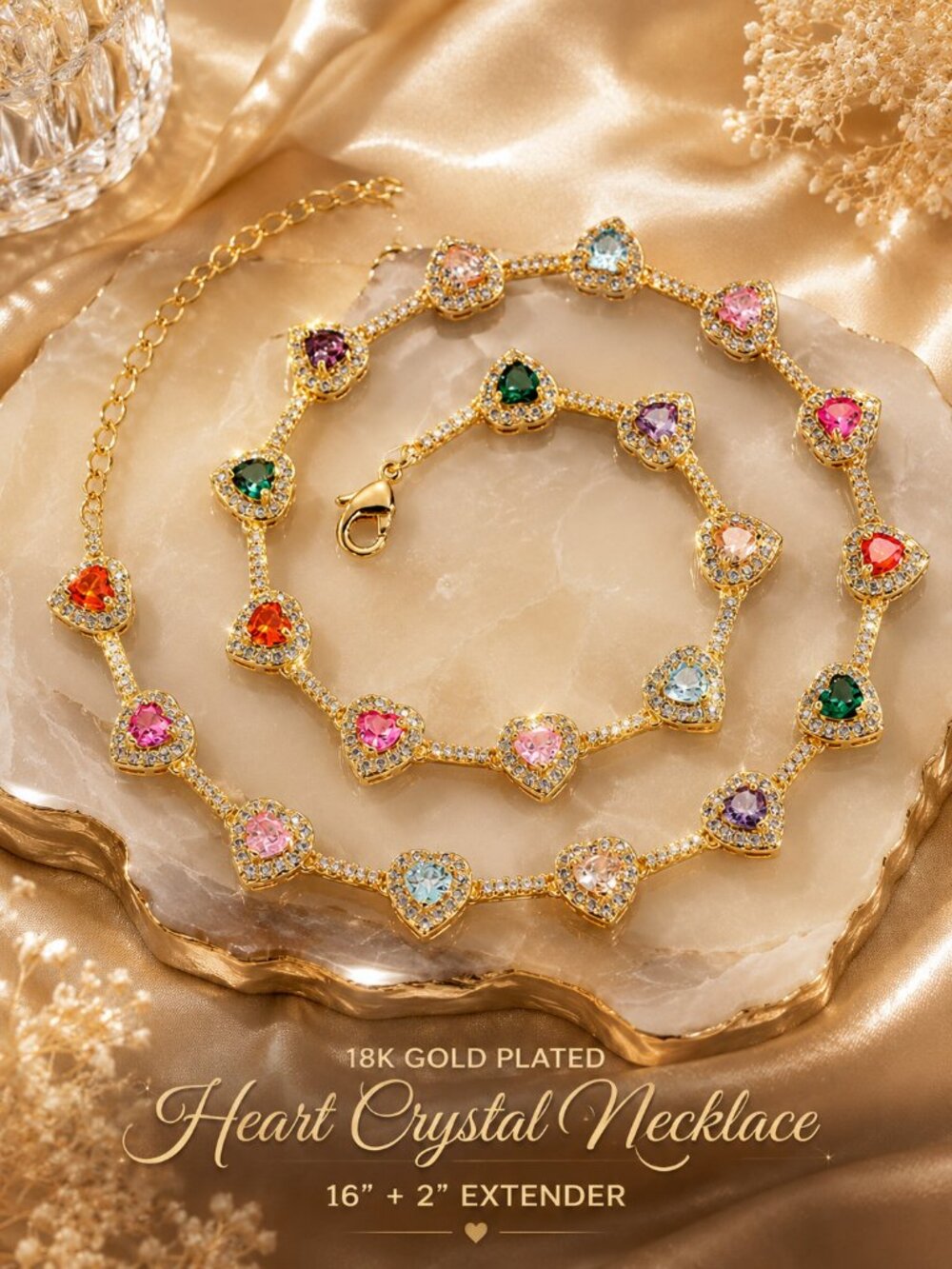 Exquisite Heart-Shaped Multi-Color CZ Gemstone Necklace